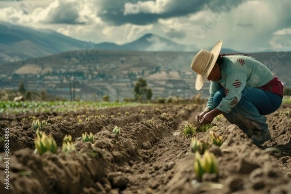 Fototapeta Hispanic farmers manual for amaranthus planting in Mexico.