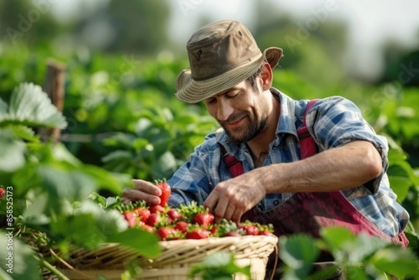 Fototapeta Male farm worker picking strawberries in a field  Male farm worker picking strawberries in a field