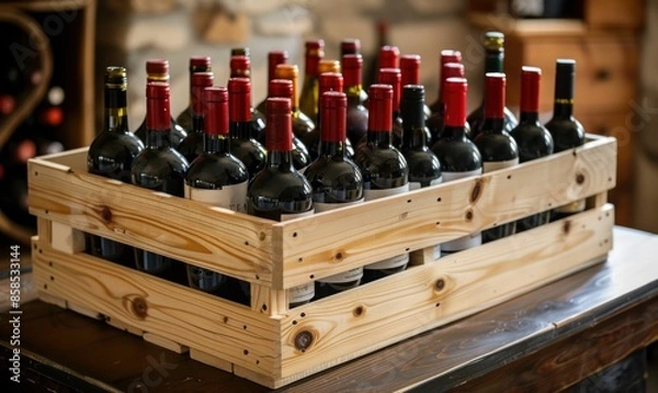 Fototapeta Wooden Crate Filled with Wine Bottles. Generative ai