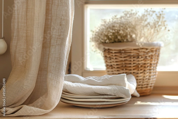 Fototapeta Rustic Kitchen Scene with Plates and Linen by the Window