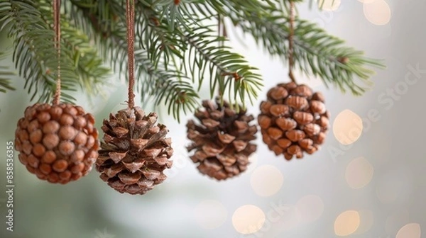 Fototapeta Classic holiday setting with several brown clusters hanging from a green spruce branch