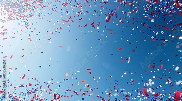 Obraz Patriotic Confetti Falling in Sky Red, white, and blue confetti falling against a blue sky, with ample space for text The celebration background and festive sky add a joyful touch