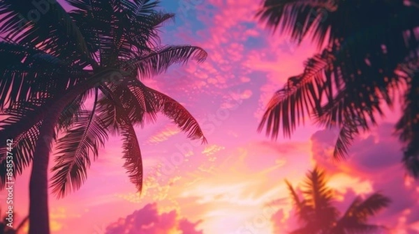Obraz Colorful Sunset Background with Palm Trees and Coconuts