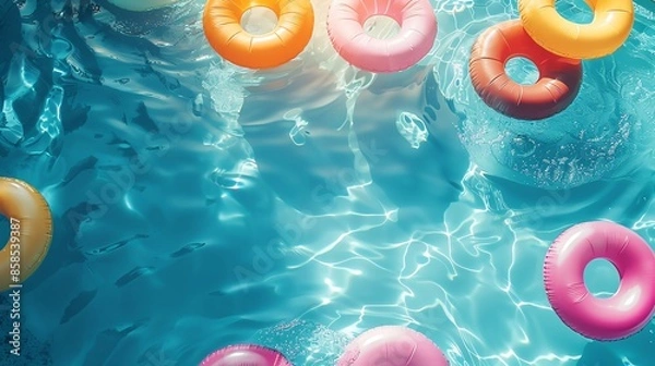 Fototapeta Pool Party Scene with Floaties A fun pool party setup with colorful floaties and space in the water for text The summer pool and colorful pool toys create a lively scene
