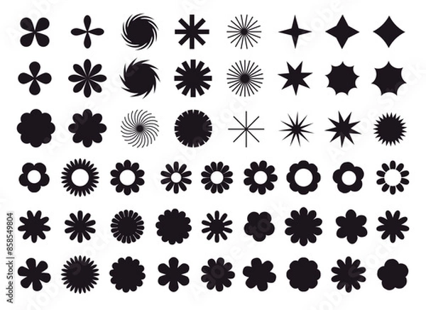Obraz Collection of black brutal contemporary figure spiral flower star oval circle and other elements. Abstract minimal geometric elements shapes and grids set. Brutalist design. Vector illustration