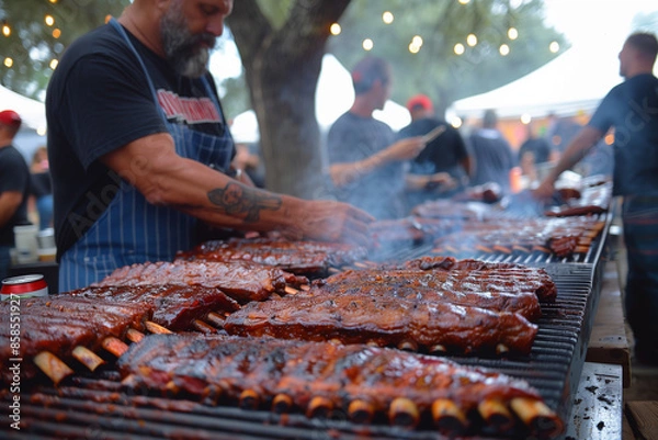 Obraz texas bbq competition pitmasters tending to smokers with racks of ribs and barbecue sauce
