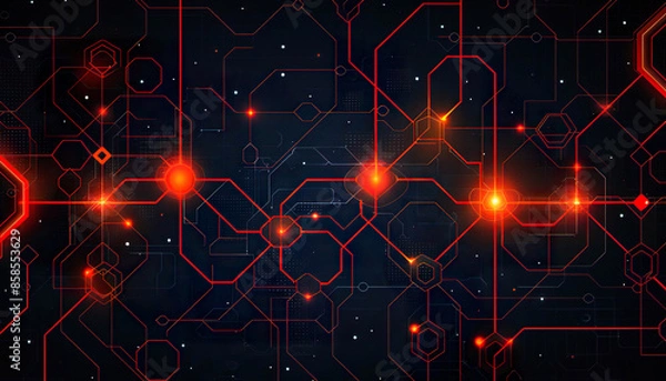 Fototapeta Abstract digital network glowing red lines and nodes on black background. Generated by AI.