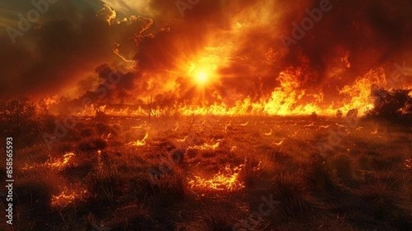 Fototapeta Wildfire with blazing flames in a field at sunset, dramatic nature disaster concept