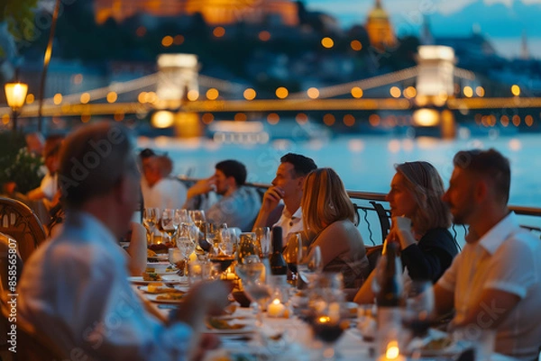 Obraz A detailed photo of travelers enjoying a gourmet dinner on the deck of a river cruise ship in Europe, with historic cities and landmarks visible in the background