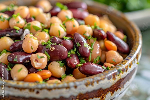 Obraz Close-up of a bowl of mixed beans, including kidney beans, chickpeas, and black beans, with a sprinkle of fresh herbs