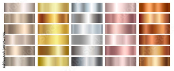 Obraz Gold rose, silver, bronze, copper and golden foil texture gradation background set. Vector shiny and metalic gradient collection for border, frame, ribbon, label design