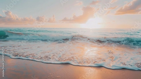 Fototapeta Beach at sunset with waves gently lapping the shore, under a sky painted with warm hues