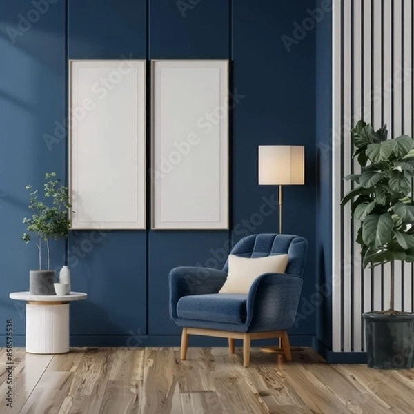 Fototapeta Poster mockup with vertical frames on empty dark blue wall in living room interior with blue velvet armchair