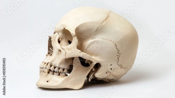Fototapeta Side view of human skull on white background, anatomical study concept