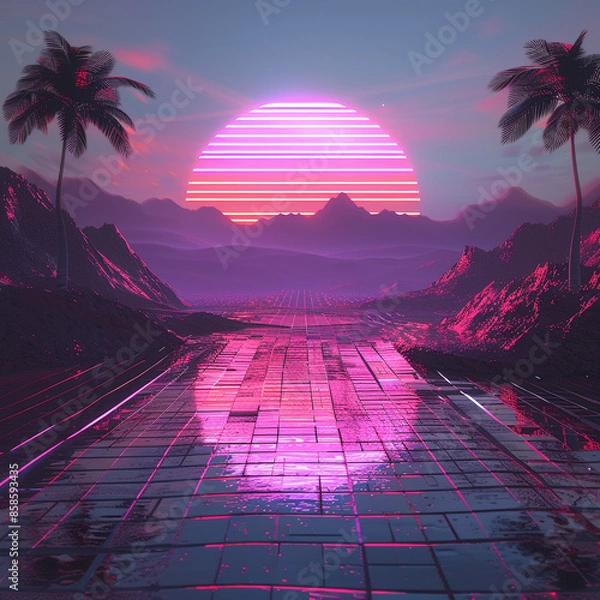 Fototapeta a picture that can be use as a web page header blade. It is an OpenGL rendering, in the style of the synthwave