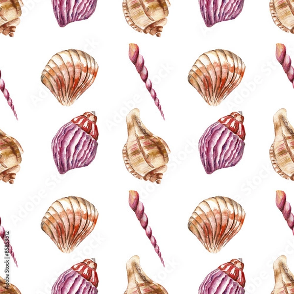 Obraz Seamless pattern with sea-shells. Watercolor illustration.
