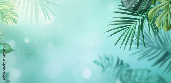 Fototapeta A serene light-blue background is adorned with various palm leaves, giving a tropical feel. The blurred background with light bokeh effect enhances the calm and tranquil vibe of the image.