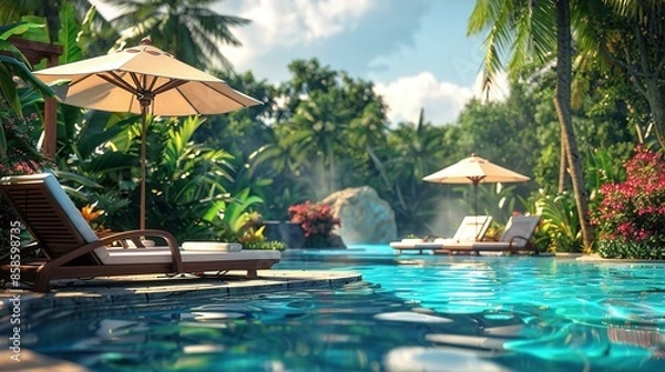 Fototapeta Tranquil Tropical Poolside with Comfortable Lounge Chairs and Umbrellas