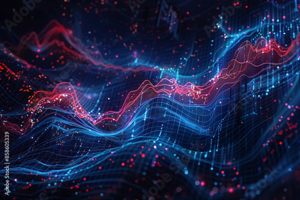 Obraz blue and red fractal pattern background with graphs of financial data, in the style of nightscapes