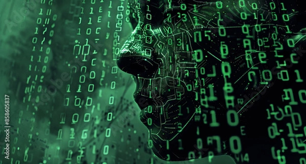Obraz futuristic human head with a background of numbers and codes, in the style of navy and green