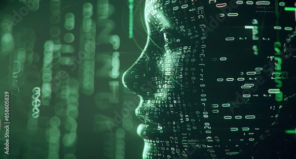 Obraz futuristic human head with a background of numbers and codes, in the style of navy and green