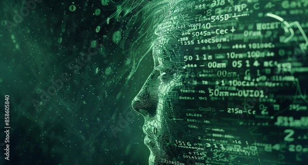 Obraz futuristic human head with a background of numbers and codes, in the style of navy and green