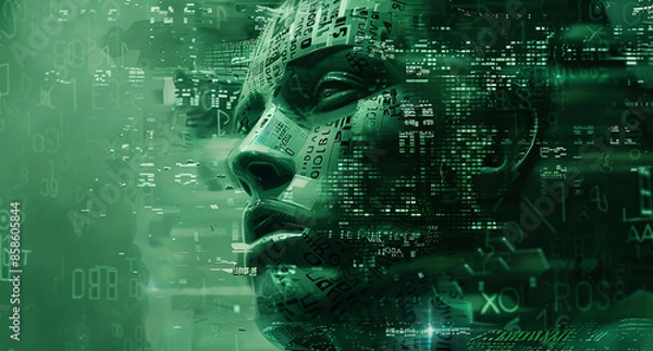 Obraz futuristic human head with a background of numbers and codes, in the style of navy and green