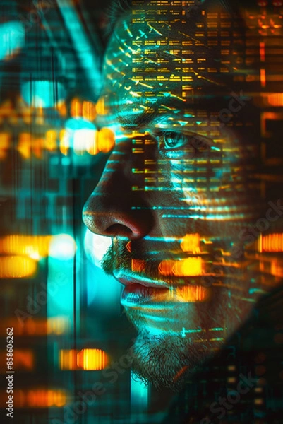 Obraz the man's face in a computer screen, in the style of science-fiction dystopias, neurocore