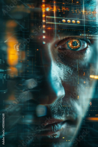 Obraz the man's face in a computer screen, in the style of science-fiction dystopias, neurocore