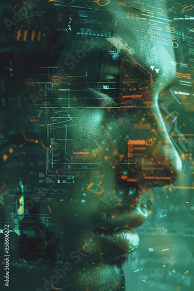 Obraz the man's face in a computer screen, in the style of science-fiction dystopias, neurocore