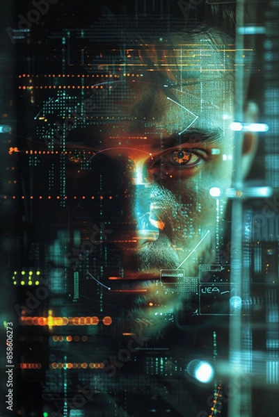 Obraz the man's face in a computer screen, in the style of science-fiction dystopias, neurocore