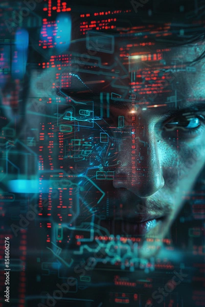 Obraz the man's face in a computer screen, in the style of science-fiction dystopias, neurocore