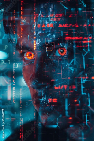 Obraz the man's face in a computer screen, in the style of science-fiction dystopias, neurocore