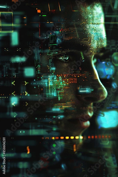 Obraz the man's face in a computer screen, in the style of science-fiction dystopias, neurocore