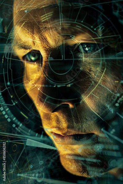 Obraz the man's face in a computer screen, in the style of science-fiction dystopias, neurocore