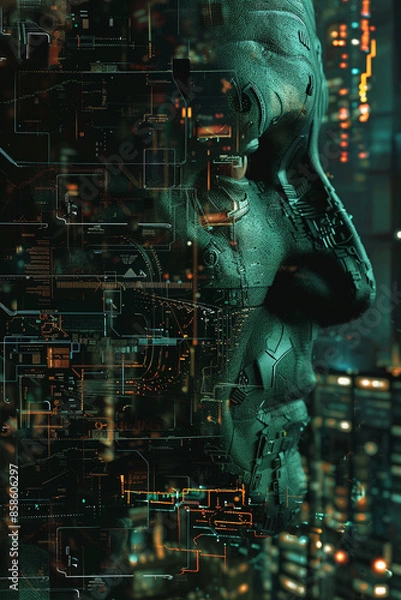 Obraz the man's face in a computer screen, in the style of science-fiction dystopias, neurocore