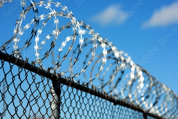 Obraz this photo shows several razor wire fences, in the style of light sky-blue and black