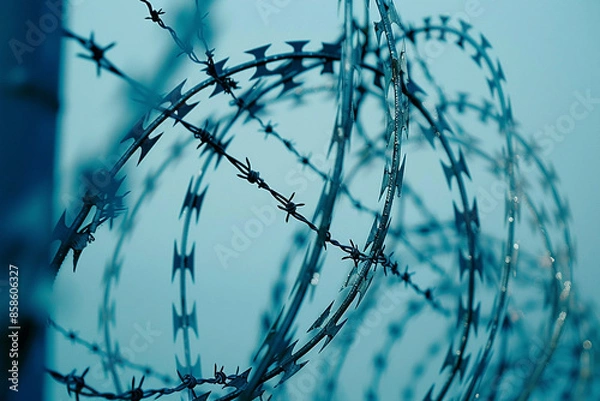 Obraz this photo shows several razor wire fences, in the style of light sky-blue and black
