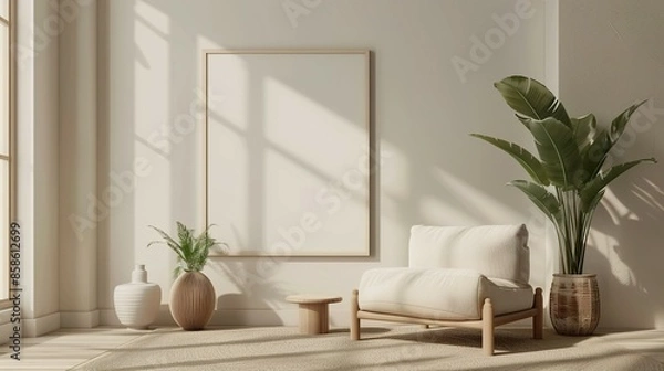 Fototapeta ISO A Paper Size Frame Mockup in Living Room, Modern House Interior Design, 3D Render