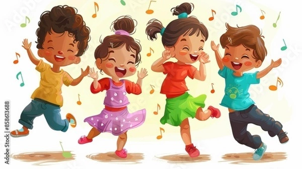 Fototapeta Young children are depicted in lively poses as they dance and play joyfully to the music, with colorful musical notes floating around them, creating a fun scene.
