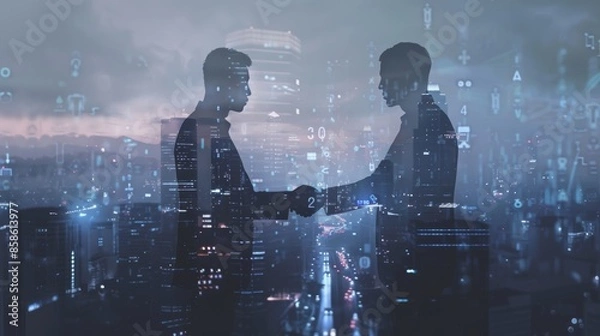 Fototapeta Silhouettes of Two Men Shaking Hands Against a City Skyline