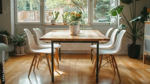 Obraz Modern Dining Set - Light wood table with black metal legs, white chairs with light wood legs, and a simple centerpiece of fresh flowers