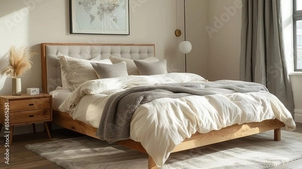 Fototapeta Stylish Bedroom Decor - Light wood bed frame with white linens, grey throw pillows, and a minimalist nightstand with a small lamp