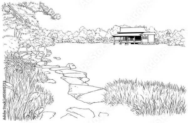 Fototapeta 漫画風ペン画イラスト　和風_庭園