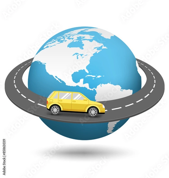Fototapeta Globe with Road Around the World and Car Isolated on White Backg