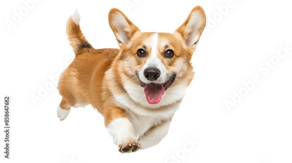 Fototapeta Full body shot of Pembroke Welsh Corgi dog, running happily, smiling.