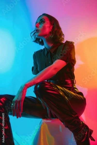 Fototapeta Stylish woman in leather pants and boots sitting on chair against colorful background in fashion and beauty concept portrait