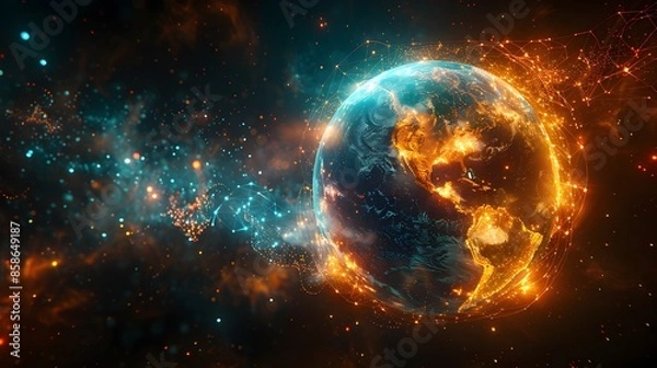 Fototapeta Ethereal Orb Glowing Across Luminous Digital Continents in the Cosmic Expanse