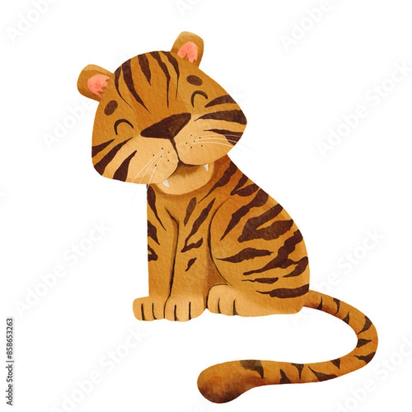 Fototapeta Watercolor cute tiger cub on a transparent background. Cartoon tiger in watercolor technique.