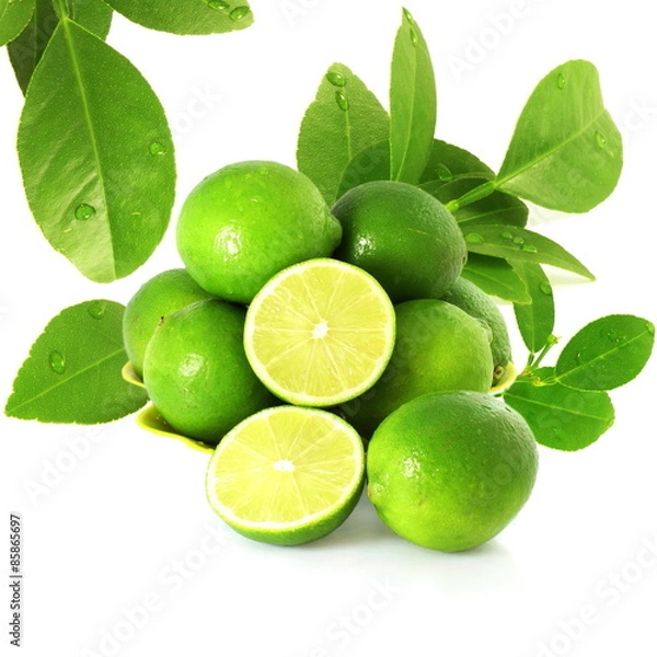 Fototapeta fresh lemon lime citrus fruit with leaves and cutting in white background
